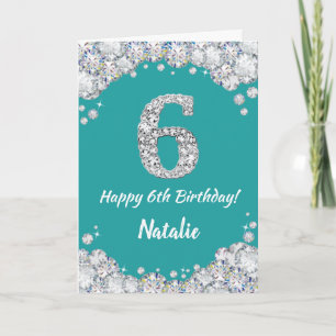 Happy 6th Birthday Teal and Silver Glitter Card