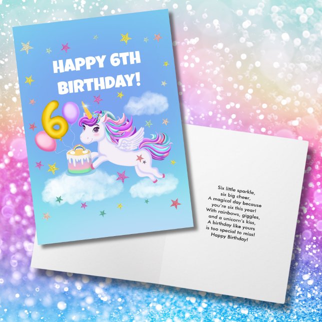 Happy 6th Birthday Unicorn with Birthday Cake Card (Creator Uploaded)