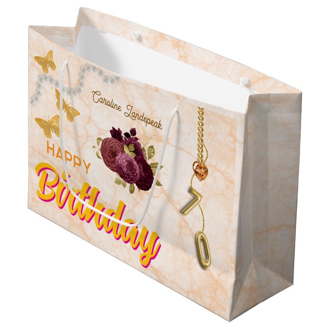 Happy 70 Birthday Burgundy Roses & Gold Jewels Large Gift Bag (Front Angled)