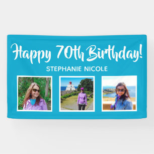Happy 70th Birthday Aqua Blue Personalised Photos Banner