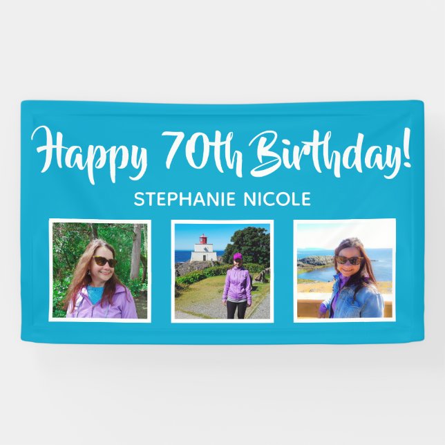 Happy 70th Birthday Aqua Blue Personalised Photos Banner (Horizontal)