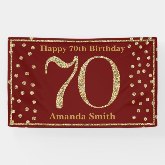 Happy 70th Birthday Banner Burgundy Red Gold (Horizontal)