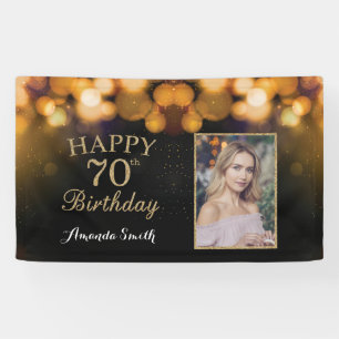 Happy 70th Birthday Banner. Gold Glitter Photo Banner