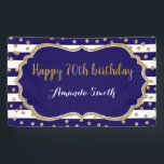 Happy 70th Birthday Banner. Navy Blue Gold Glitter Banner<br><div class="desc">Happy 70th Birthday Banner for women or man. Navy Blue and Gold Birthday Party Banner. Gold Glitter Confetti. Black and White Stripes. Printable Digital. For further customization,  please click the "Customize it" button and use our design tool to modify this template.</div>