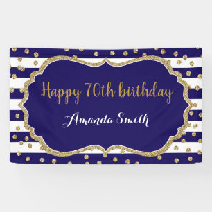 Happy 70th Birthday Banner. Navy Blue Gold Glitter Banner