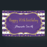 Happy 70th Birthday Banner Purple and Gold Glitter<br><div class="desc">Happy 70th Birthday Banner for women or man. Purple and Gold Birthday Party Banner. Gold Glitter Confetti. Black and White Stripes. Printable Digital. For further customization,  please click the "Customize it" button and use our design tool to modify this template.</div>