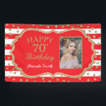 Happy 70th Birthday Banner Red Gold Glitter Photo<br><div class="desc">Happy 70th Birthday Banner for women or man. Red and Gold Glitter Birthday Party Banner. Gold Glitter Confetti. Red and White Stripes. Printable Digital. For further customisation,  please click the "Customise it" button and use our design tool to modify this template.</div>