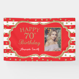 Happy 70th Birthday Banner Red Gold Glitter Photo