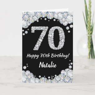 Happy 70th Birthday Black and Silver Glitter Card