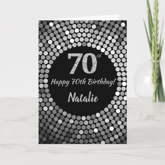 Happy 70th Birthday Black and Silver Glitter Card (Front)
