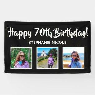 Happy 70th Birthday Black Personalised 3 Photos Banner