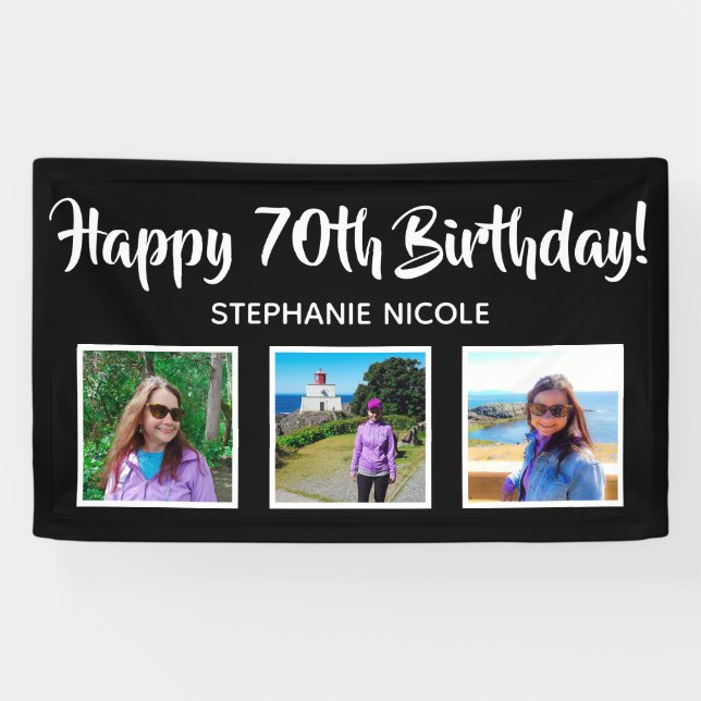 Happy 70th Birthday Black Personalised 3 Photos Banner (Horizontal)