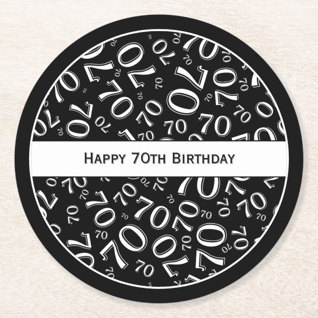 "Happy 70th Birthday" Black/White Number Pattern Round Paper Coaster (Front)