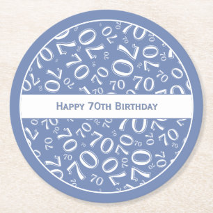 "Happy 70th Birthday" Blue/White Number Pattern Round Paper Coaster