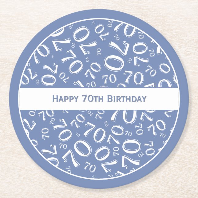 "Happy 70th Birthday" Blue/White Number Pattern Round Paper Coaster (Front)
