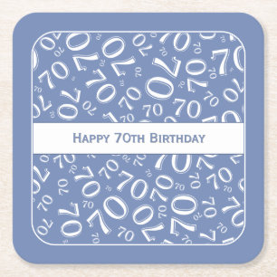 "Happy 70th Birthday" Blue/White Number Pattern Square Paper Coaster