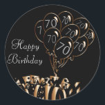 Happy 70th Birthday Classic Round Sticker<br><div class="desc">⭐⭐⭐⭐⭐5 Star Reviews⭐⭐⭐⭐⭐ Black Balloon Stickers. ⭐99% of my designs in my store are done in layers. This makes it easy for you to resize and move the graphics and text around so that it will fit each product perfectly. You can also "TRANSFER DESIGN" on other Zazzle products and adjust...</div>