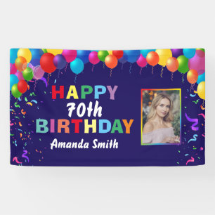 Happy 70th Birthday Colorful Balloons Navy Blue Banner