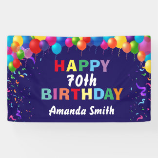 Happy 70th Birthday Colourful Balloons Navy Blue Banner