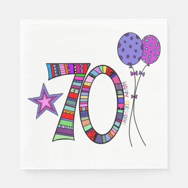 Happy 70th Birthday Colourful Star Balloon Napkin (Front)