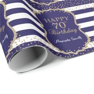 Happy 70th Birthday Gold Glitter and Navy Blue Wrapping Paper