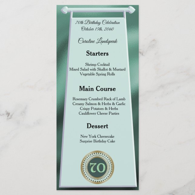 Happy 70th Birthday Green Glitter Foil Menu (Front)