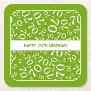 "Happy 70th Birthday" Green/White Number Pattern Square Paper Coaster