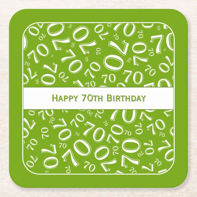 "Happy 70th Birthday" Green/White Number Pattern Square Paper Coaster (Front)