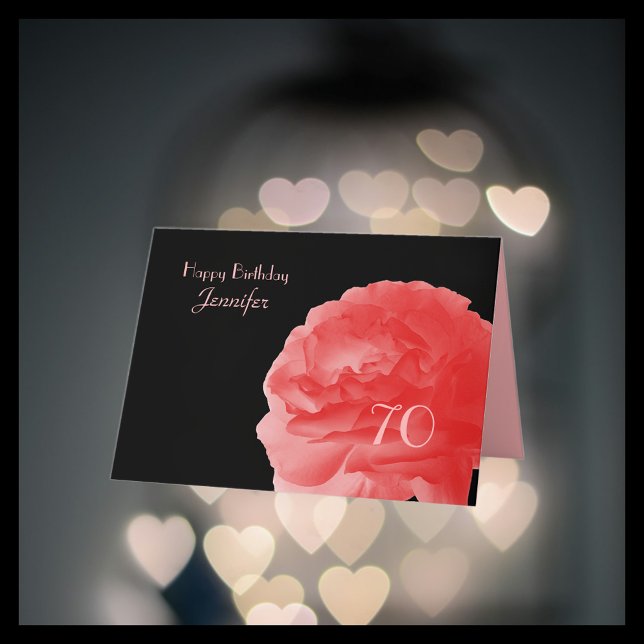 Happy 70th Birthday Name, Coral Pink Rose Greeting Card (Creator Uploaded)