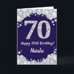 Happy 70th Birthday Navy Blue and Silver Glitter Card<br><div class="desc">Happy 70th Birthday Navy Blue and Silver Glitter Card with personalised name. For further customisation,  please click the "Customise it" button and use our design tool to modify this template.</div>