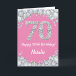 Happy 70th Birthday Pink and Silver Glitter Card<br><div class="desc">Happy 70th Birthday Pink and Silver Glitter Card with personalised name. For further customisation,  please click the "Customise it" button and use our design tool to modify this template.</div>