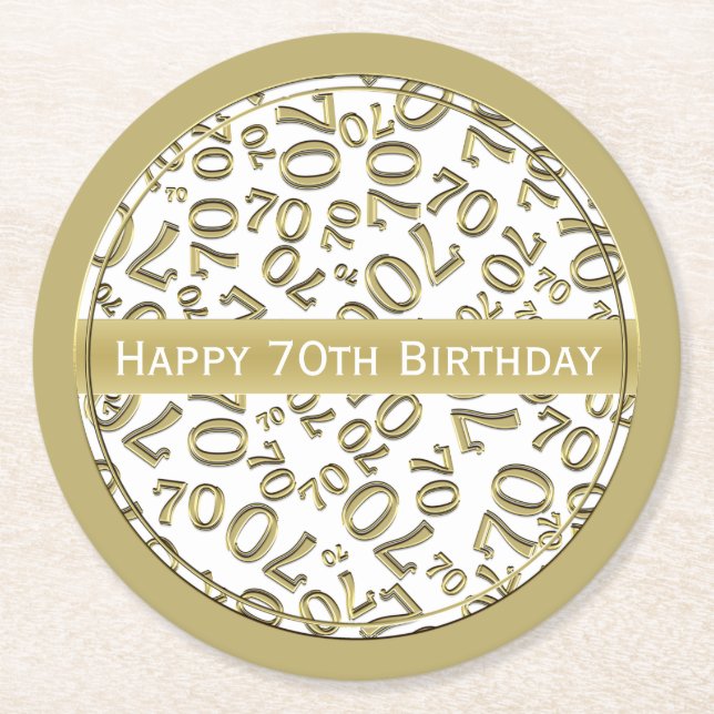 "Happy 70th Birthday" White/Gold Number Pattern Round Paper Coaster (Front)