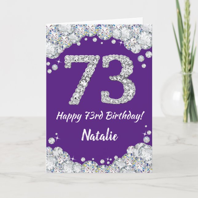 Happy 73rd Birthday Purple and Silver Glitter Card (Front)
