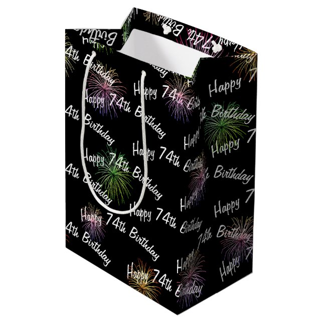 Happy 74th Birthday fireworks on black Medium Gift Bag (Back Angled)