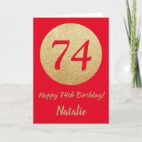 Happy 74th Birthday Red and Gold Glitter Card