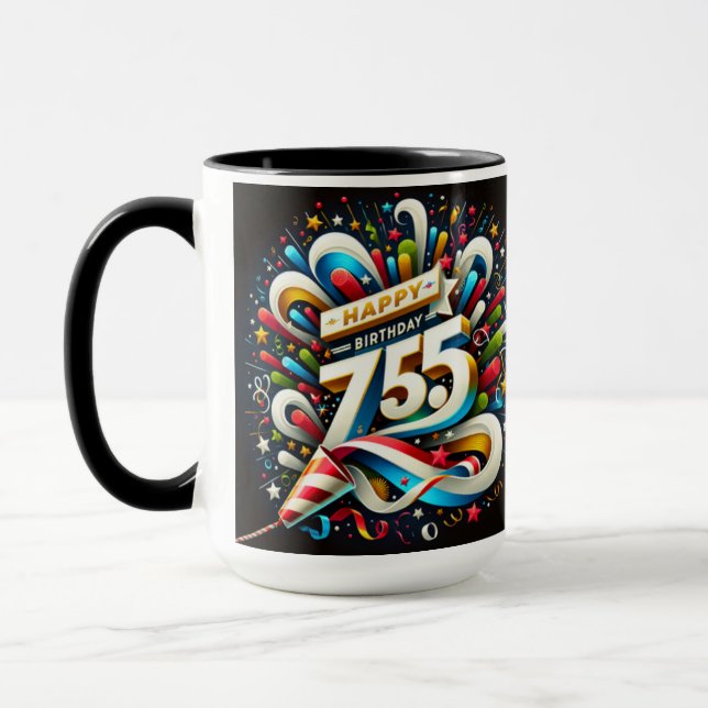 Happy 75th Birthday 2025 Mug, Confetti Celebration Mug (Left)