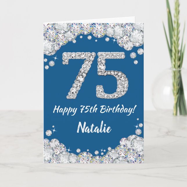 Happy 75th Birthday Blue and Silver Glitter Card (Front)