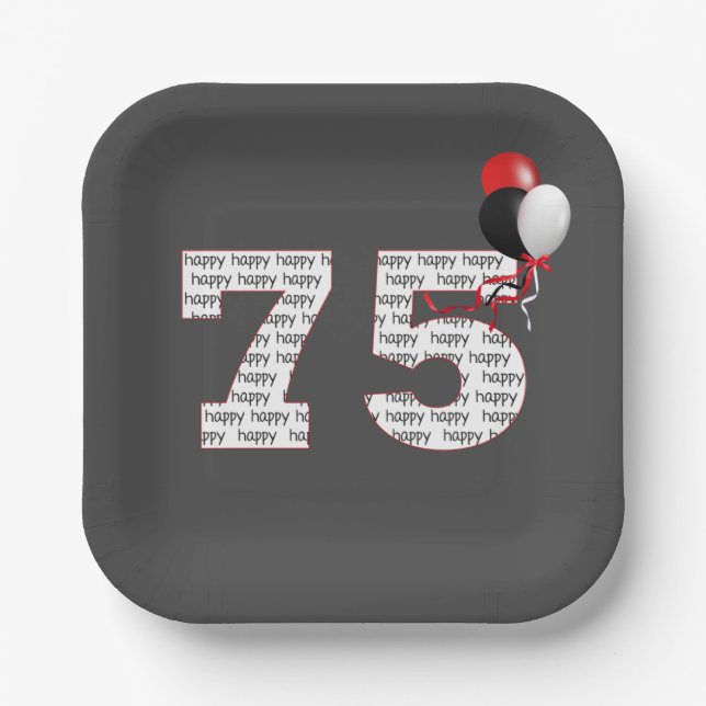 Happy 75th Birthday On Grey  Paper Plate (Front)