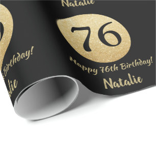 Happy 76th Birthday Black and Gold Glitter Wrapping Paper