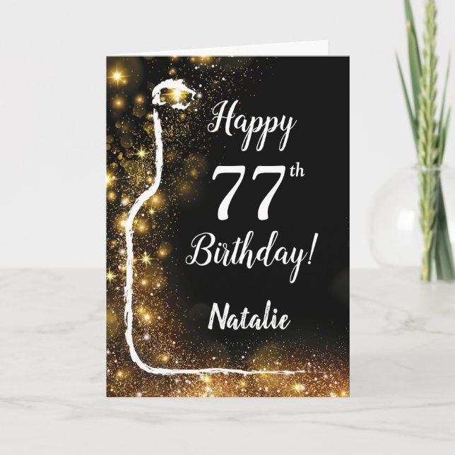 Happy 77th Birthday Black and Gold Glitter Wine Card (Front)