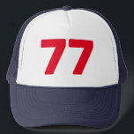 Happy 77th Birthday party trucker hat with age<br><div class="desc">Cool trucker hat men's 77th Birthday party! Add your own custom age number. ie 70th 71st 72nd 73rd 74th 75th 76th 77th 78th 79th 80th etc. Baseball cap with double digit logo for year or age number. Fun accessory for men and women turning seventy six. Fun headwear for surprise parties....</div>
