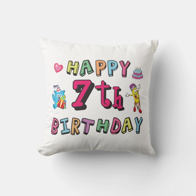 Happy 7th Birthday. 7 year old. Cushion (Front)