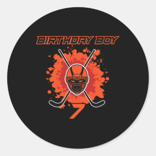Happy 7th Birthday Boy Black And Orange Hockey Mas Classic Round Sticker