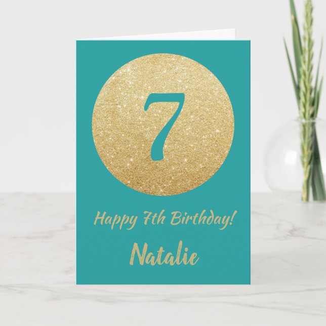 Happy 7th Birthday Teal and Gold Glitter Card (Front)