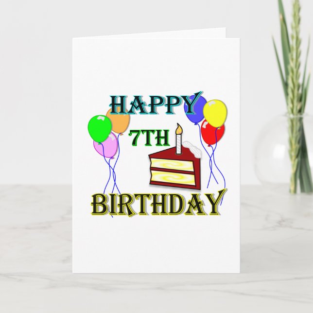 Happy 7th Birthday with Cake, Balloons and Candle Card (Front)