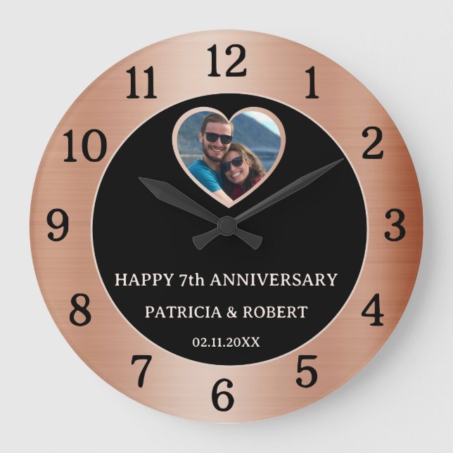 Happy 7th Copper Wedding Anniversary Heart Photo   Large Clock (Front)