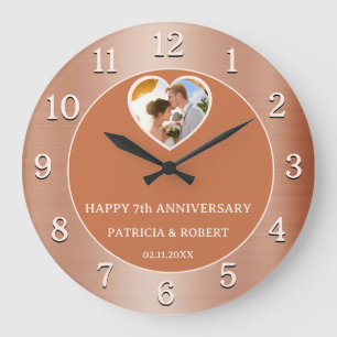 Happy 7th Copper Wedding Anniversary Heart Photo Large Clock