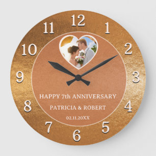 Happy 7th Wedding Anniversary Heart Photo Copper  Large Clock