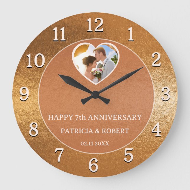 Happy 7th Wedding Anniversary Heart Photo Copper  Large Clock (Front)