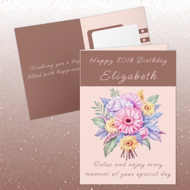 Happy 80th Birthday add name floral brown Card (Creator Uploaded)